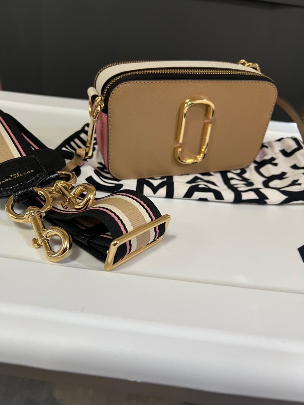 Marc Jacobs Tan, Pink & Black Crossbody Camera Bag with Striped Strap